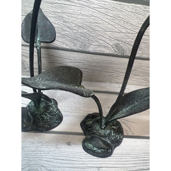 VINTAGE Verdigris Calla Lily Brass Candle Holder Art Nouveau Patina Leave Flower - Picture 5 of 10